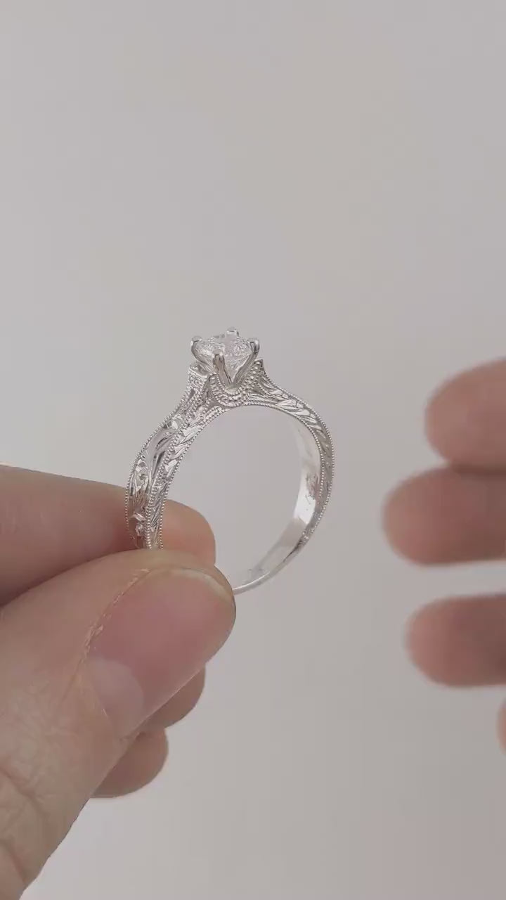 I Love Lucy - Disney Princess Ring Vintage Antique Inspired Silver and Diamond Engagement Ring Millgrain Scrollwork Engraving Rickson