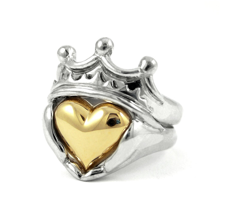 Two Tone Mens Claddagh Wedding and Engagement Ring Set - Handmade Gold silver Irish Jewelry White Yellow Gold Platinum Stacking Ring 195 196