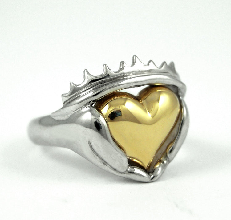 Two Tone Mens Claddagh Wedding and Engagement Ring Set - Handmade Gold silver Irish Jewelry White Yellow Gold Platinum Stacking Ring 195 196