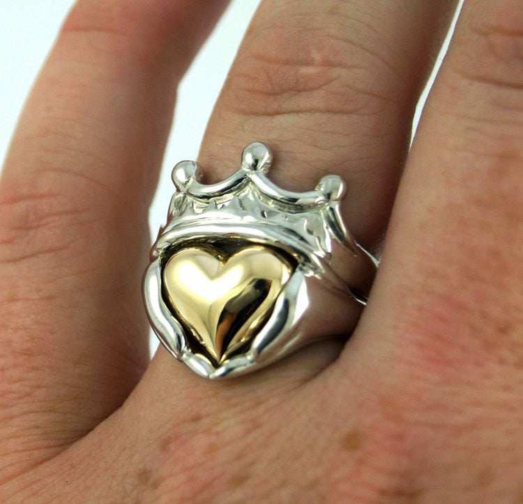 Two Tone Mens Claddagh Wedding and Engagement Ring Set - Handmade Gold silver Irish Jewelry White Yellow Gold Platinum Stacking Ring 195 196