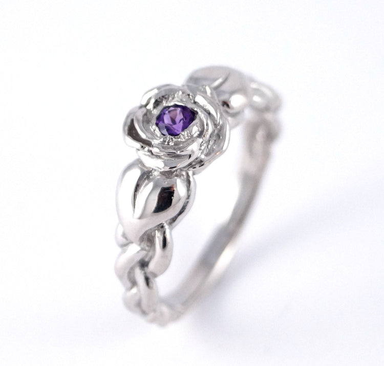 Romantic Silver Rose Ring with Leaves - Beauty and the Beast Belle Ring Disney Rose Wedding Diamond Engagement Ring Gift For Her 208