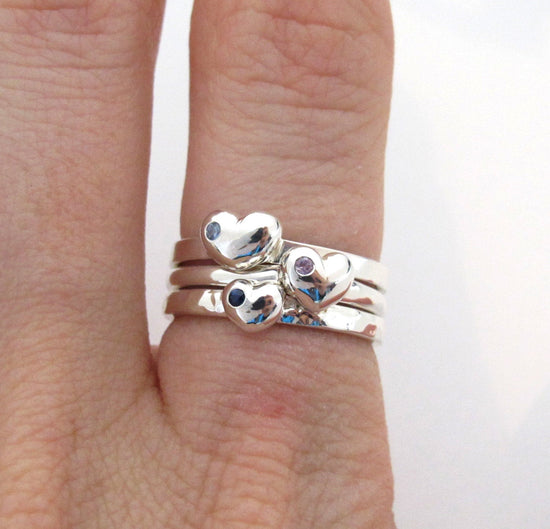 Puffy Heart Stacking Ring Set - Birthstone Push Present, Personalized Gift for her, Family Stacking Rings, Personalized Rings, Custom 69a&b