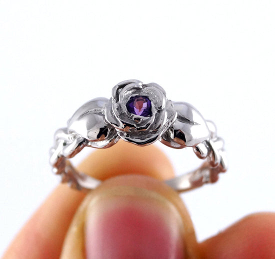 Romantic Silver Rose Ring with Leaves - Beauty and the Beast Belle Ring Disney Rose Wedding Diamond Engagement Ring Gift For Her 208