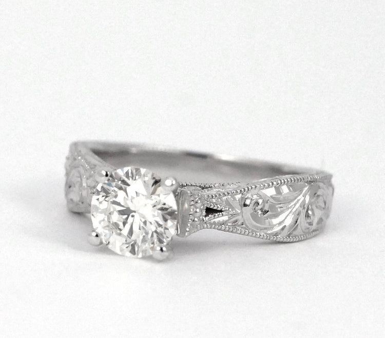 Antique Elegant Disney Princess Ring Vintage Antique Inspired White Gold and Diamond Engagement Millgrain Scrollwork Engraving Moissanite