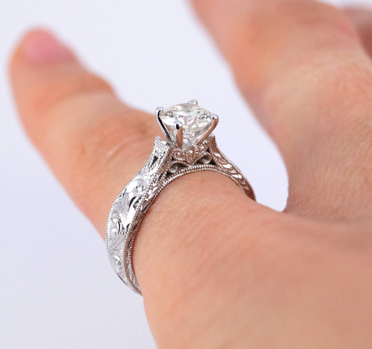 Antique Elegant Disney Princess Ring Vintage Antique Inspired White Gold and Diamond Engagement Millgrain Scrollwork Engraving Moissanite