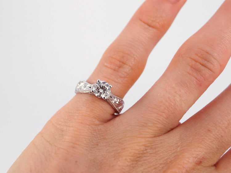 Antique Elegant Disney Princess Ring Vintage Antique Inspired White Gold and Diamond Engagement Millgrain Scrollwork Engraving Moissanite