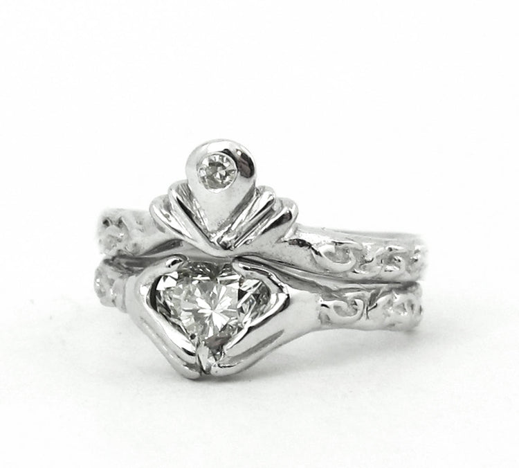 Claddagh Wedding Engagement Ring Set, Silver Claddagh, Celtic Jewelry, Diamond Ring, Gold Claddagh Stacking Set, Irish Ring, Promise, 48&49b