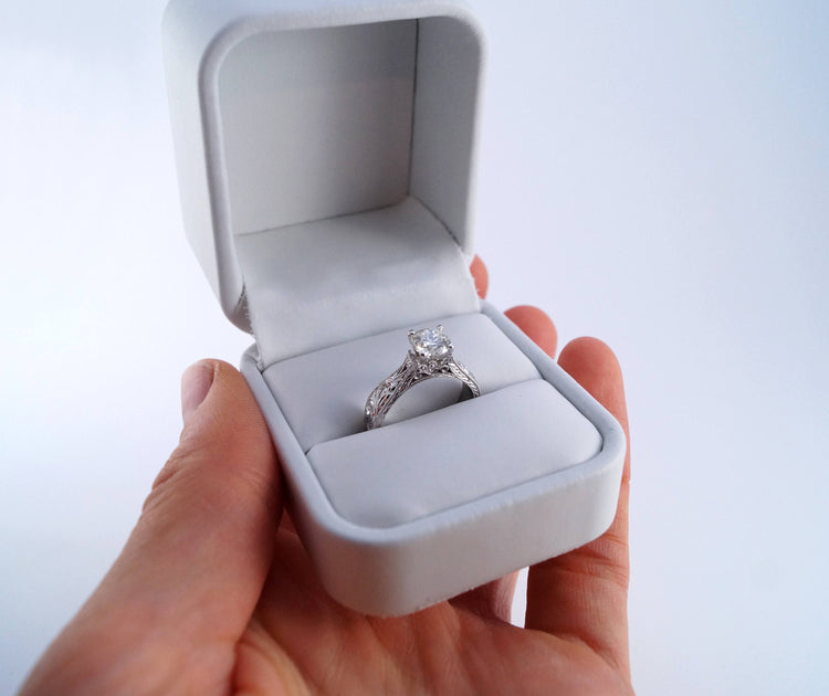Antique Elegant Disney Princess Ring Vintage Antique Inspired White Gold and Diamond Engagement Millgrain Scrollwork Engraving Moissanite