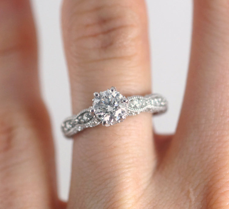 Royal Victorian Inspired Ring - Regal Filigree Disney Princess Vintage Antique White Gold Diamond Engagement Ring Carriage Engraving Rickson