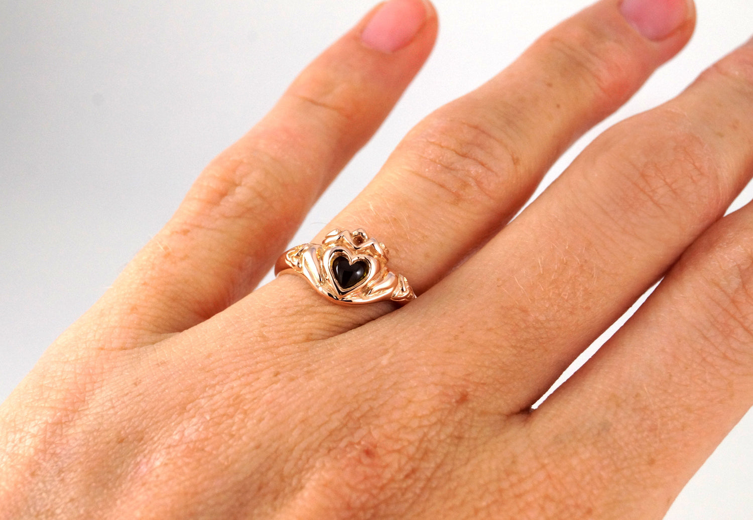 Rose Gold Celtic Claddagh Crown Engagement or Wedding Ring with a woven band