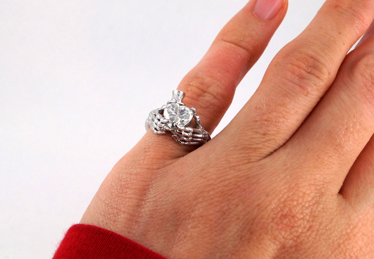 Skeleton Claddagh with Top Hat Jack Skellington Inspired Engagement Ring Heart Diamond Moissanite CZ Sterling Silver White Gold Fine Jewelry