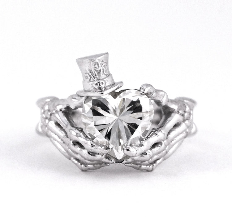 Skeleton Claddagh with Top Hat Jack Skellington Inspired Engagement Ring Heart Diamond Moissanite CZ Sterling Silver White Gold Fine Jewelry