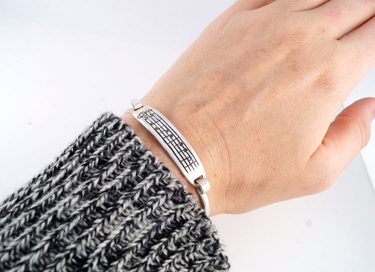Sounds of Love Bracelet - Sterling Silver Music Note Cuff Bracelet Unique Nerd Geekery Gift Musician Song Jewellery Personalized Customized