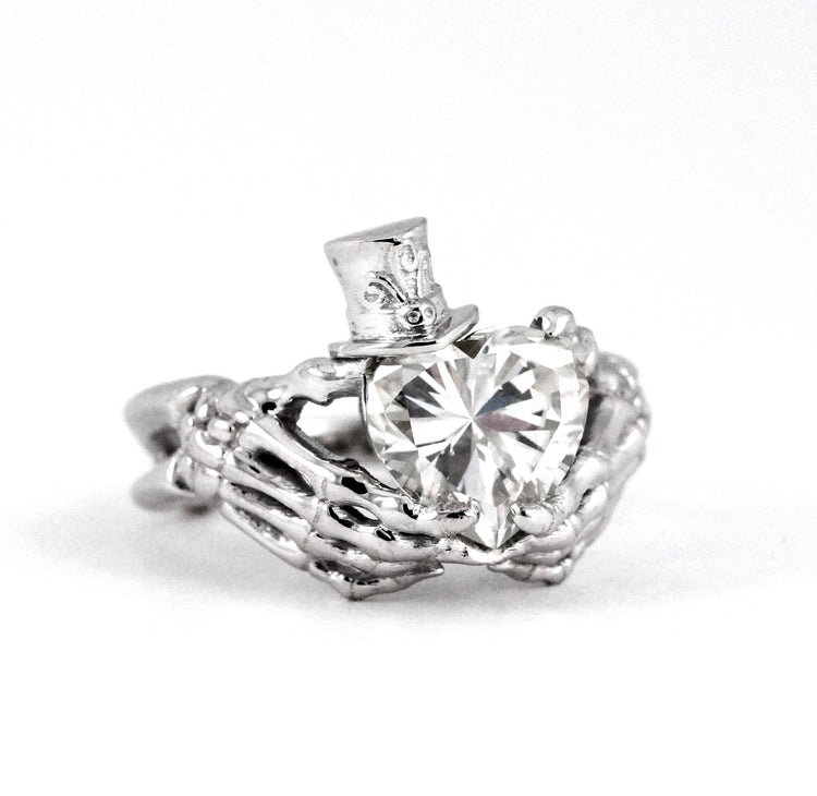 Skeleton Claddagh with Top Hat Jack Skellington Inspired Engagement Ring Heart Diamond Moissanite CZ Sterling Silver White Gold Fine Jewelry