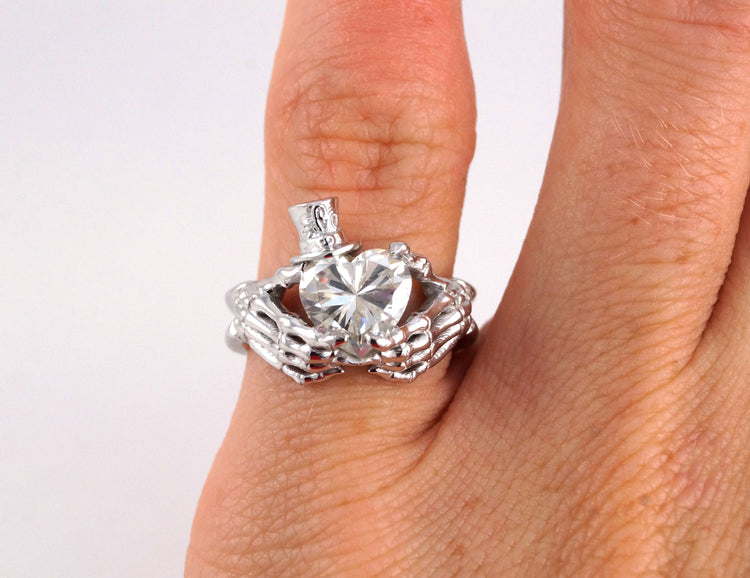 Skeleton Claddagh with Top Hat Jack Skellington Inspired Engagement Ring Heart Diamond Moissanite CZ Sterling Silver White Gold Fine Jewelry