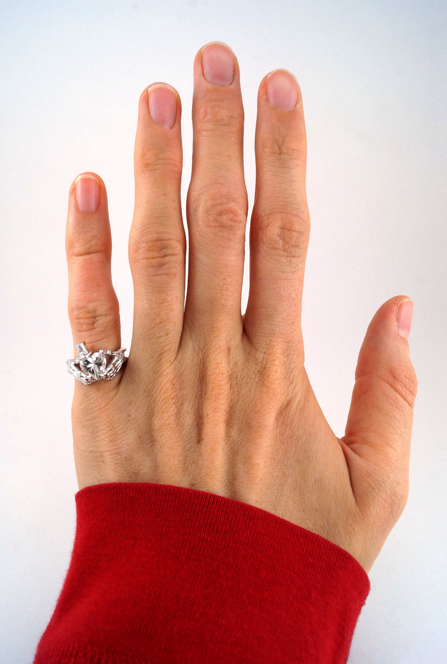Skeleton Claddagh with Top Hat Jack Skellington Inspired Engagement Ring Heart Diamond Moissanite CZ Sterling Silver White Gold Fine Jewelry