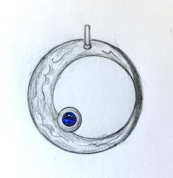 Ocean Moon Beauty Crescent Moon Celestial Astronomy tiny Sapphire Tarot Pagan Magical Wizard fantasy jewelry Sterling Silver White Gold H1