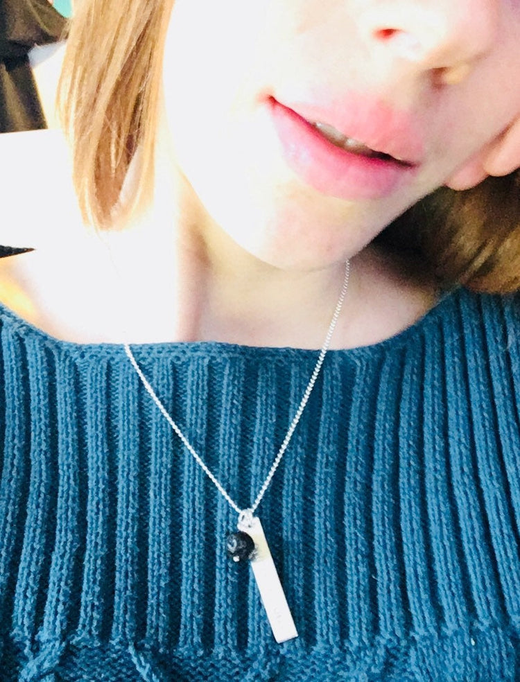 Shine On Bar Necklace Name Plate Hand Stamped Letter Flat Pendant Solid Sterling Silver Family Push Present trend lava rock essential oil
