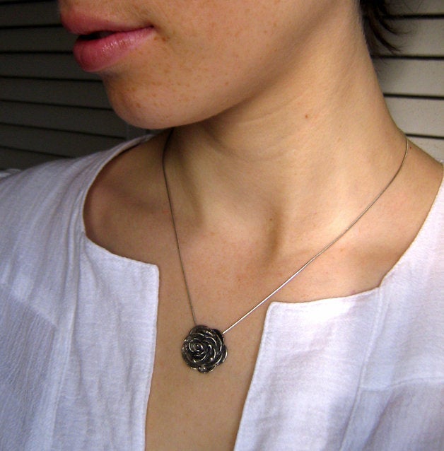 SALE Victorian Rose Necklace - Silver Goth Steampunk Black Rose Gift for Her Rose Staple Classic Pendant Floral Rickson Jewellery 38