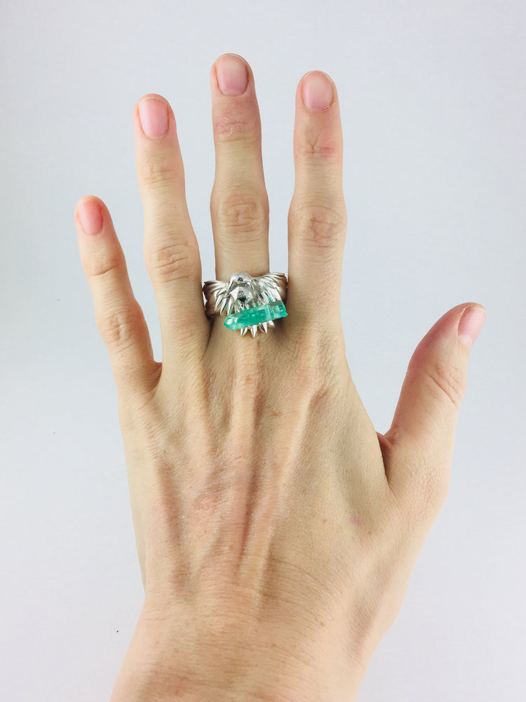 D&D Dungeons and Dragons Raven Ring with a Green Quartz Crystal in the Talons and D20 in the beak Video Game Nerd Engagement Wedding Men DnD