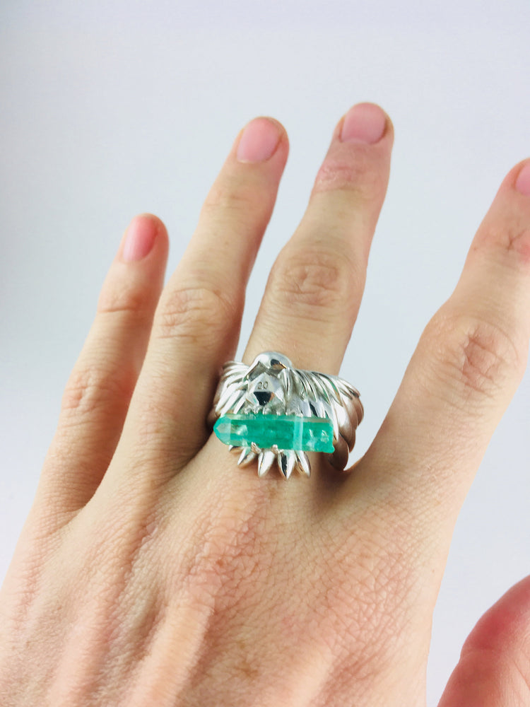 D&D Dungeons and Dragons Raven Ring with a Green Quartz Crystal in the Talons and D20 in the beak Video Game Nerd Engagement Wedding Men DnD