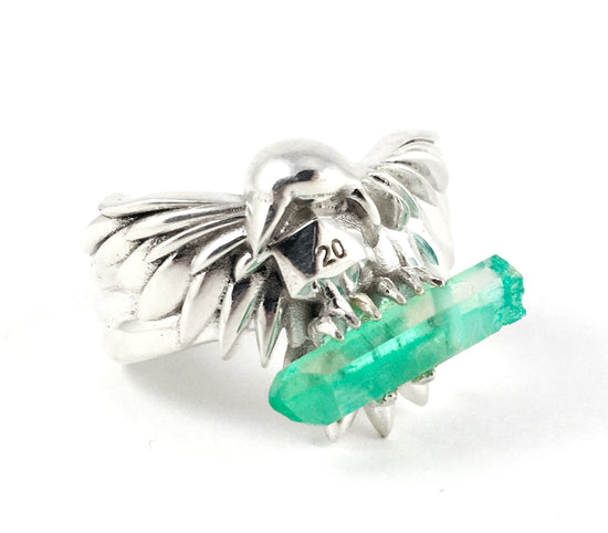 D&D Dungeons and Dragons Raven Ring with a Green Quartz Crystal in the Talons and D20 in the beak Video Game Nerd Engagement Wedding Men DnD