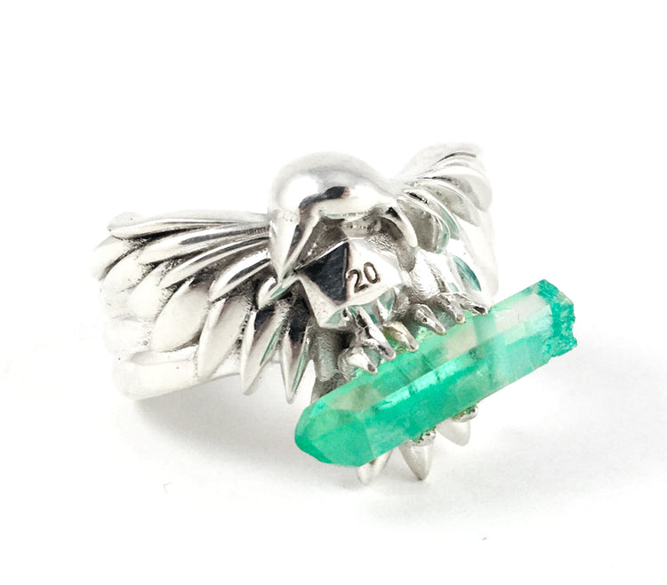 D&D Dungeons and Dragons Raven Ring with a Green Quartz Crystal in the Talons and D20 in the beak Video Game Nerd Engagement Wedding Men DnD