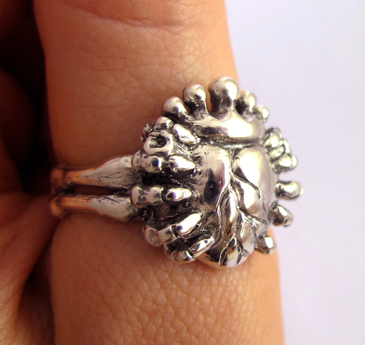 Love in Hand - Alternative Anatomical Claddagh Wedding Ring Set - Skeleton Hands - Handmade - Sterling SIlver - Couples - Rickson  58&103