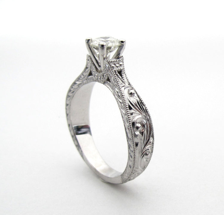 I Love Lucy - Disney Princess Ring Vintage Antique Inspired White Gold and Diamond Engagement Ring Millgrain Scrollwork Engraving Rickson