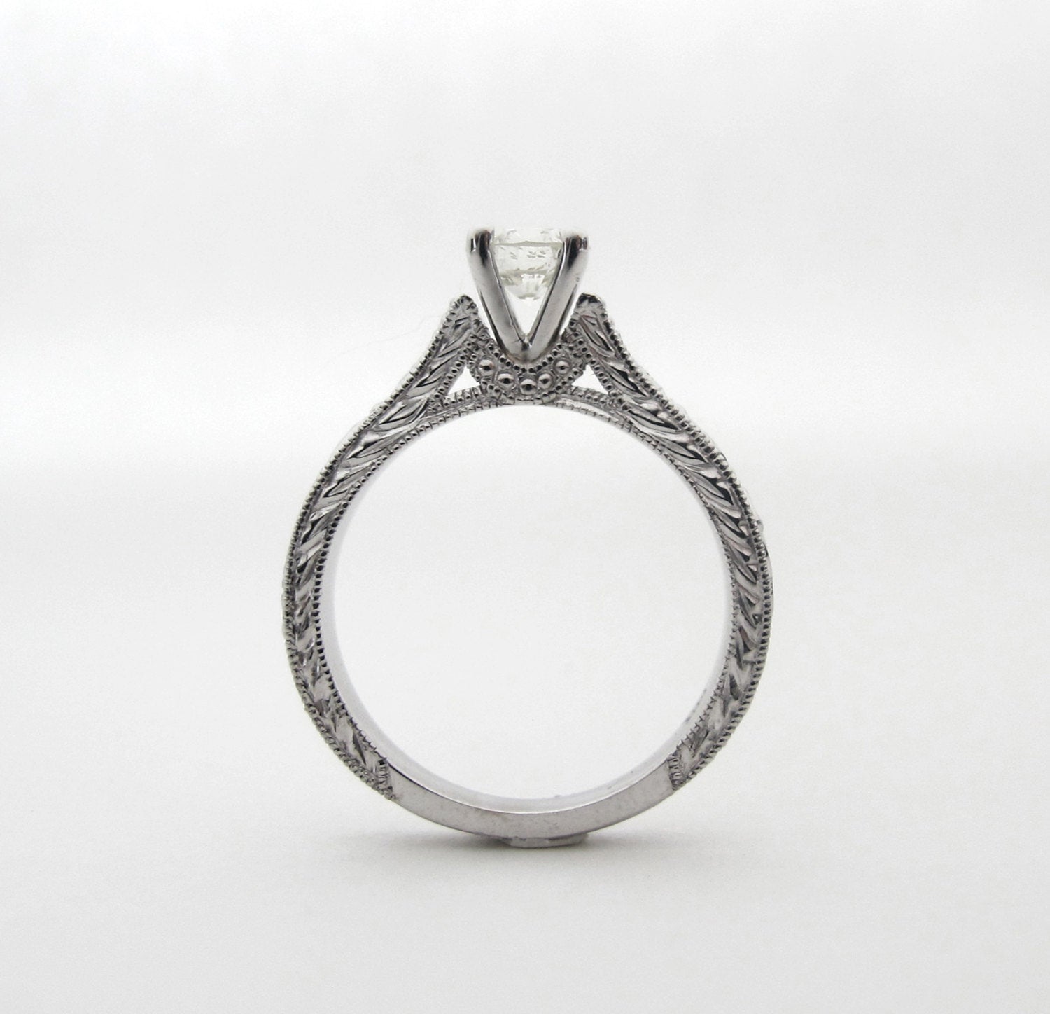 I Love Lucy - Disney Princess Ring Vintage Antique Inspired White Gold and Diamond Engagement Ring Millgrain Scrollwork Engraving Rickson