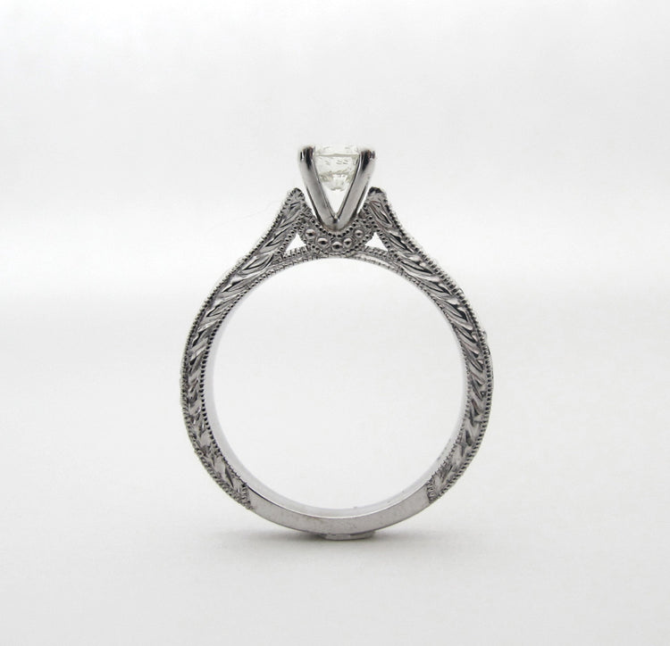 I Love Lucy - Disney Princess Ring Vintage Antique Inspired White Gold and Diamond Engagement Ring Millgrain Scrollwork Engraving Rickson