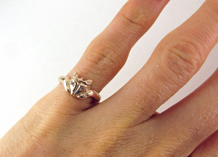 Foxy Claddagh - Gifts for Her Celtic Promise Ring Diamond Eyes Wedding Alternative Unique Sterling Silver Gold Engagement Nature Trendy 167b