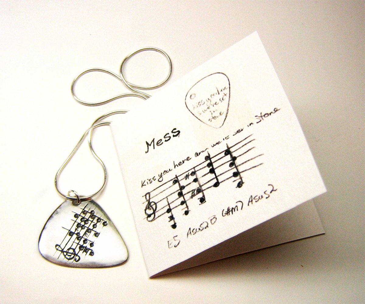 Custom Music Note Guitar Pick Necklace, Sheet Music Notes, Real Guitar Pick, Sterling Stamped Guitar Pick, Musician Gift, Graduation 15