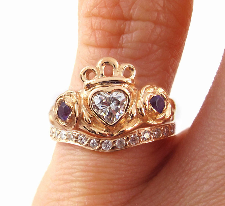 Irish Rose Ring - Gifts for Her Celtic Promise Roses Amethyst Heart Diamond Wedding Alternative Unique Sterling Silver Engagement Moissanite