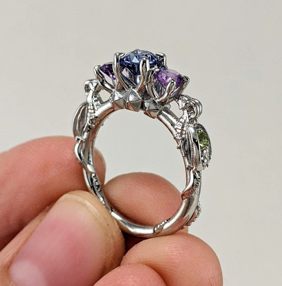 Elizabeth’s Anniversary Ring Set: sz 10, 10kt white gold, Blue, purple and green sapphire with Silver D20 Box - 293