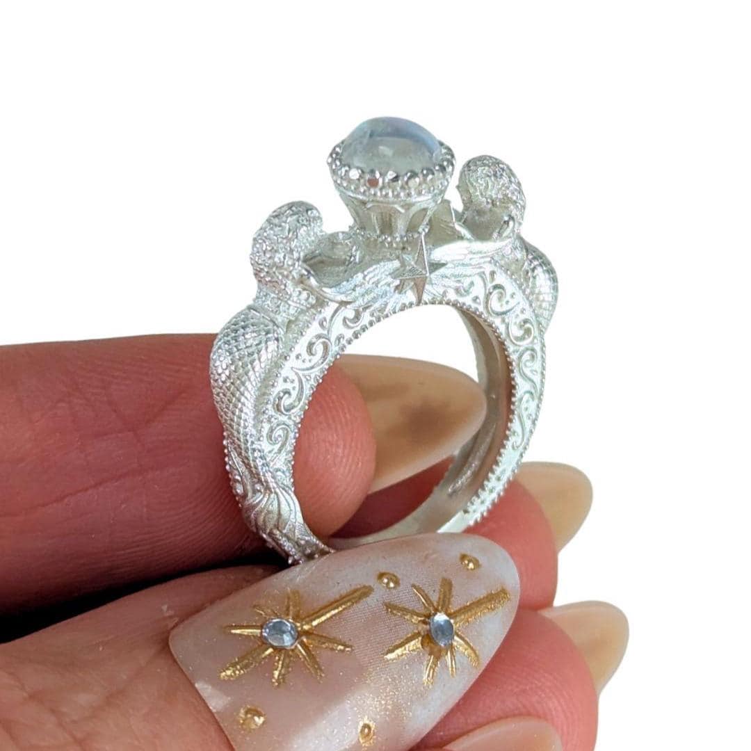 Mermaid Jacy Engagement Ring: Custom Gold Silver Fantasy Rainbow Moonstone Ring