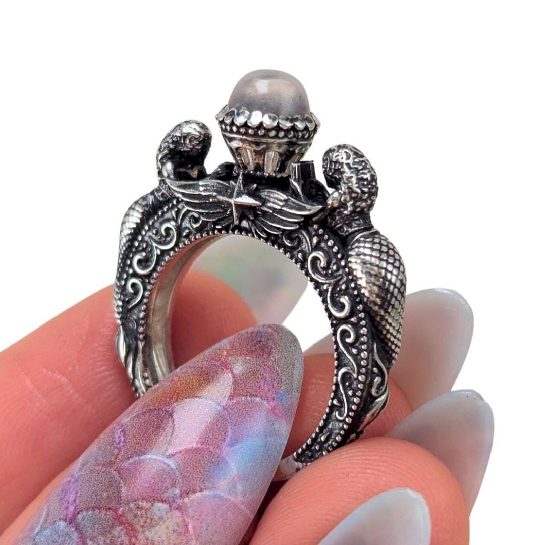 Mermaid Jacy Engagement Ring: Custom Gold Silver Fantasy Rainbow Moonstone Ring