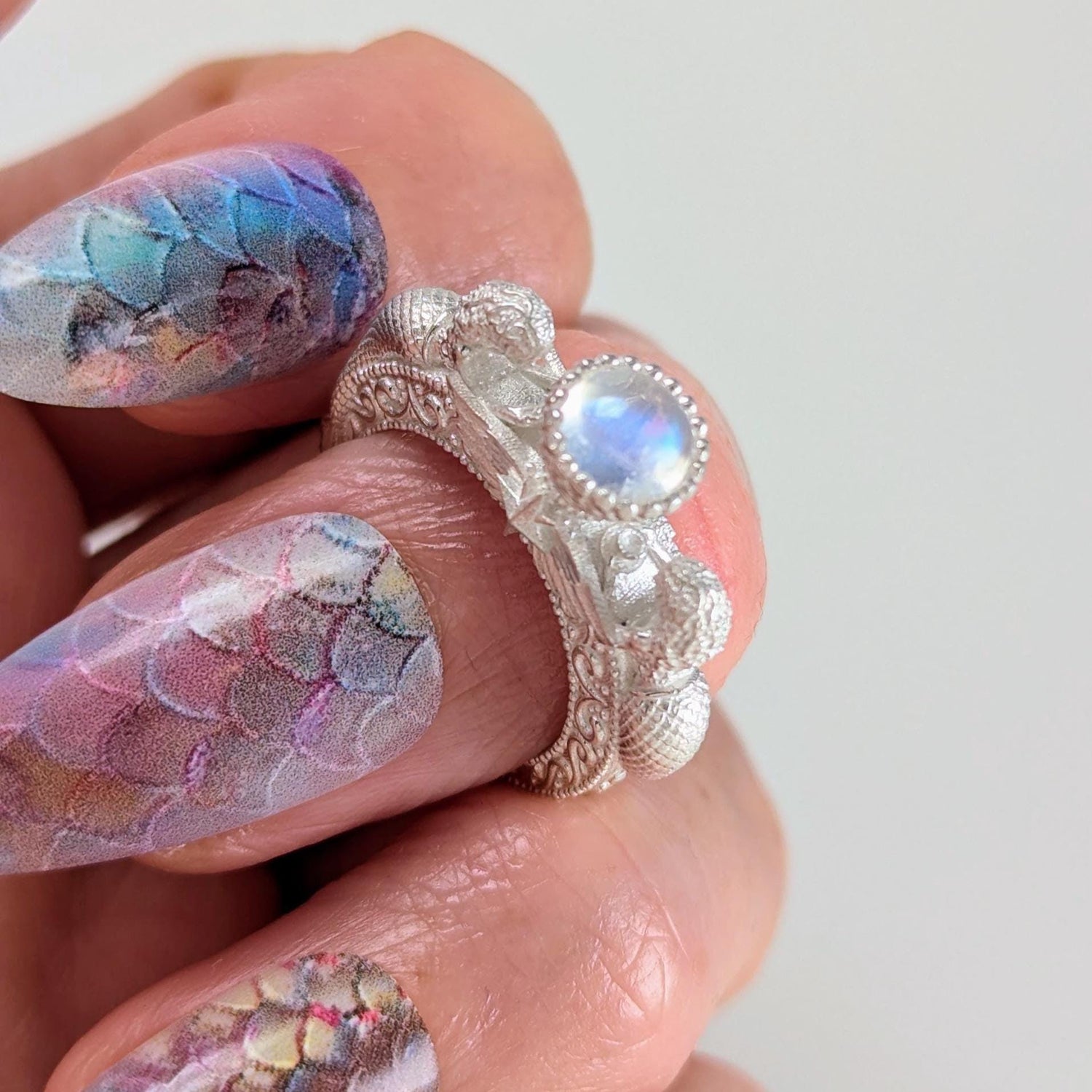 Mermaid Jacy Engagement Ring: Custom Gold Silver Fantasy Rainbow Moonstone Ring