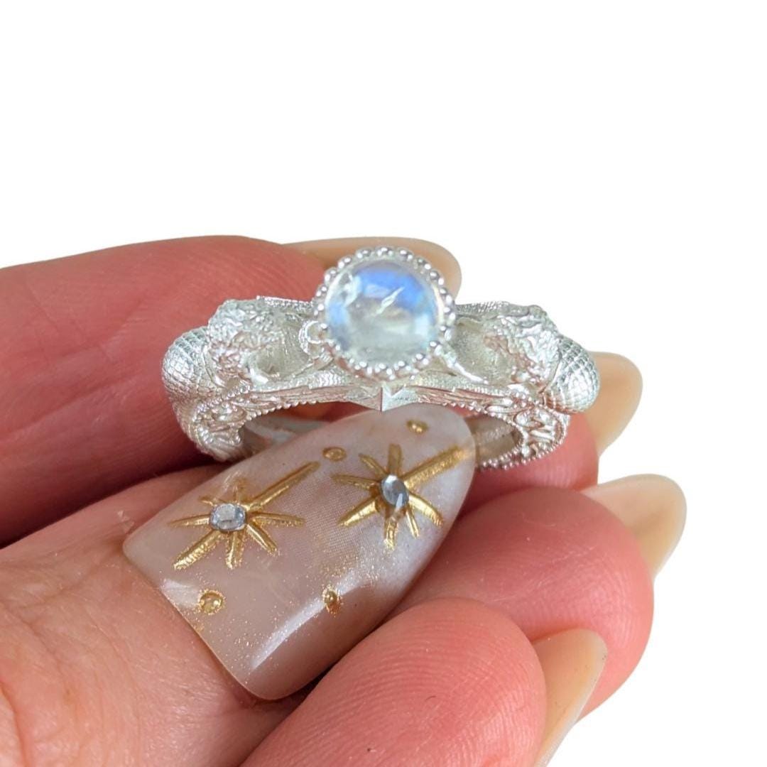 Mermaid Jacy Engagement Ring: Custom Gold Silver Fantasy Rainbow Moonstone Ring