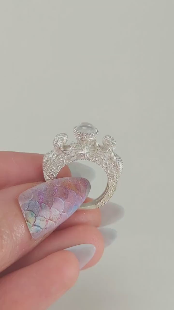 Mermaid Jacy Engagement Ring: Custom Gold Silver Fantasy Rainbow Moonstone Ring