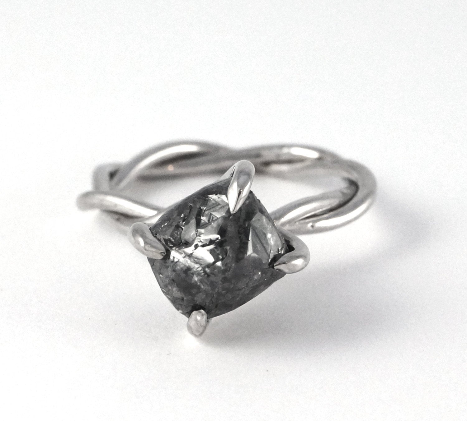 Rough Diamond Ring - Unique Alternative Grey Daimond Engagement Ring, Non Traditional Raw Diamond Twist Ring, White Gold Artisan Bridal Rock