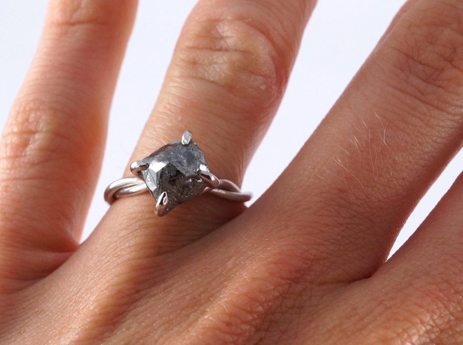 Rough Diamond Ring - Unique Alternative Grey Daimond Engagement Ring, Non Traditional Raw Diamond Twist Ring, White Gold Artisan Bridal Rock