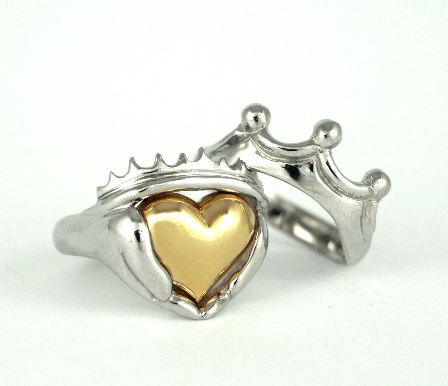 Two Tone Mens Claddagh Wedding and Engagement Ring Set - Handmade Gold silver Irish Jewelry White Yellow Gold Platinum Stacking Ring 195 196