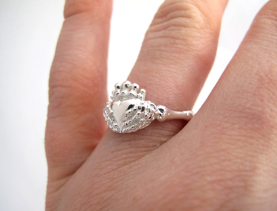 Skeleton Claddagh Promise Ring - Alternative Claddagh Wedding Ring with Skeleton Hands, Handmade in Solid Sterling Silver, Celtic Jewelry