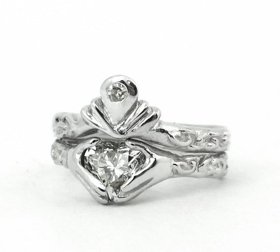 Claddagh Wedding Engagement Ring Set, Silver Claddagh, Celtic Jewelry, Diamond Ring, Gold Claddagh Stacking Set, Irish Ring, Promise, 48&49b