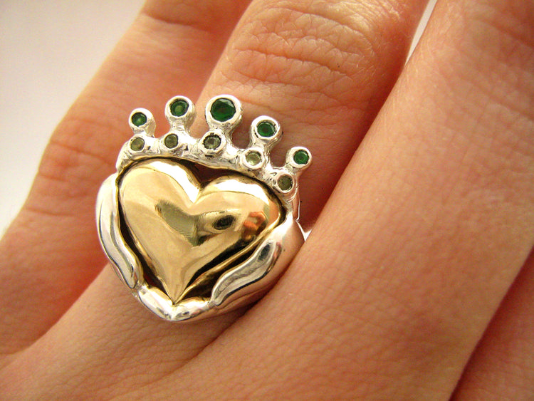 Two Tone Claddagh Wedding Engagement Family Ring Handmade Gold silver Irish Jewelry White Yellow Gold Platinum Statement Modern 50 51