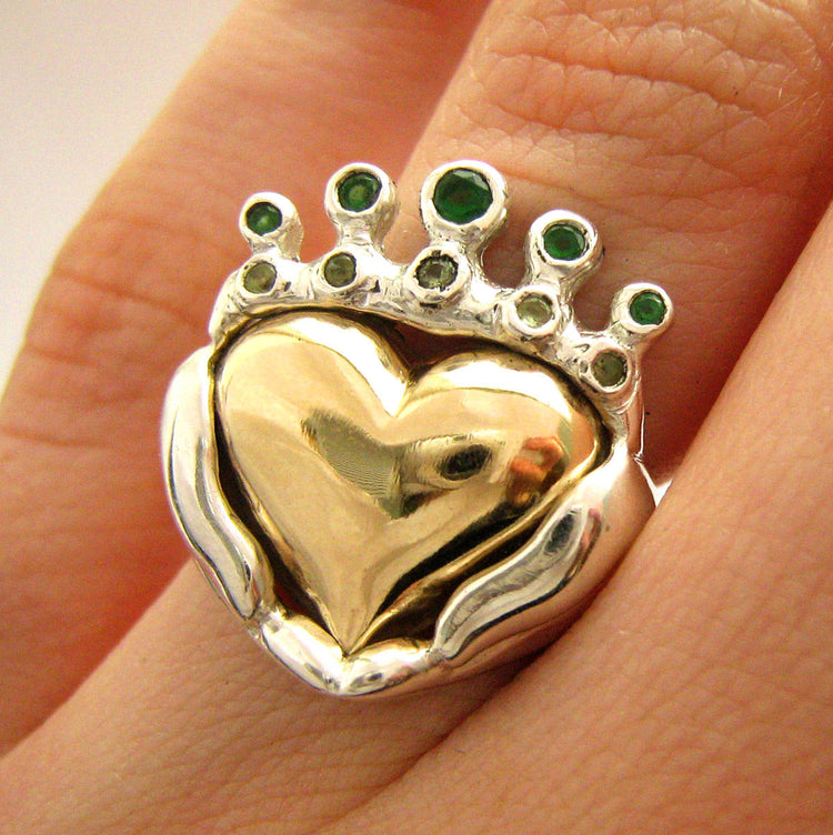 Two Tone Claddagh Wedding Engagement Family Ring Handmade Gold silver Irish Jewelry White Yellow Gold Platinum Statement Modern 50 51