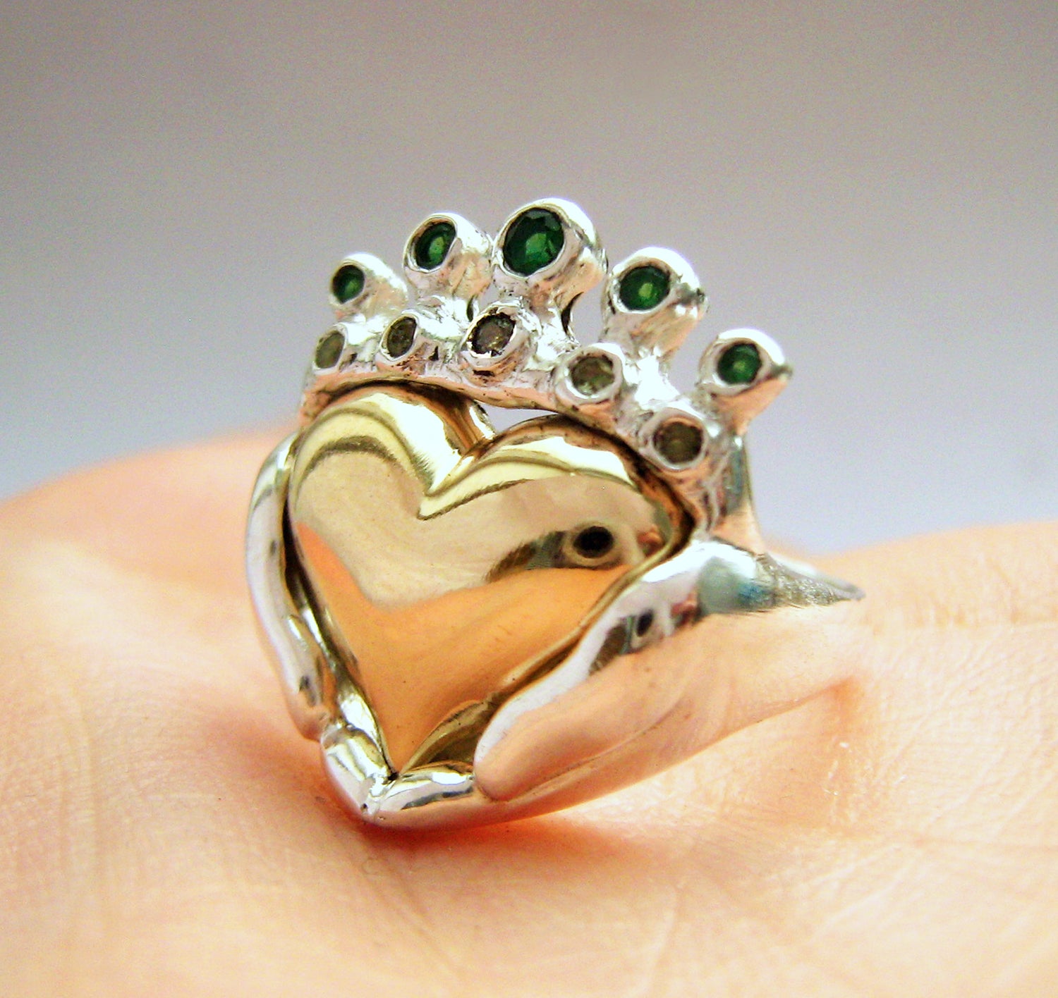Two Tone Claddagh Wedding Engagement Family Ring Handmade Gold silver Irish Jewelry White Yellow Gold Platinum Statement Modern 50 51