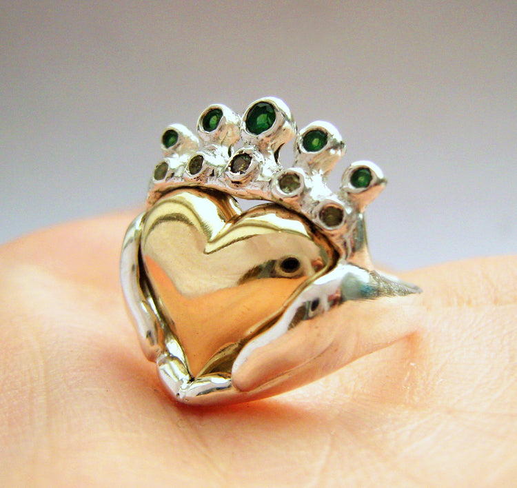 Two Tone Claddagh Wedding Engagement Family Ring Handmade Gold silver Irish Jewelry White Yellow Gold Platinum Statement Modern 50 51