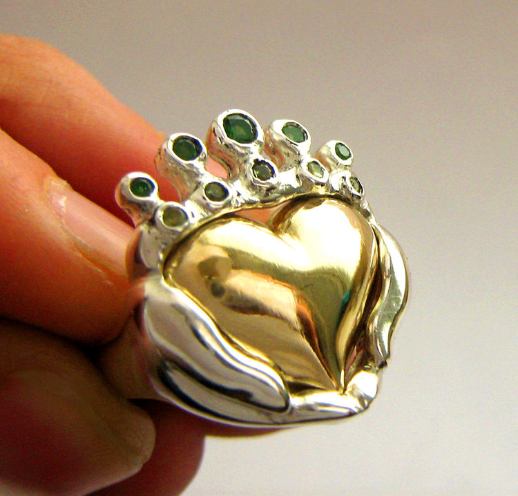 Two Tone Claddagh Wedding Engagement Family Ring Handmade Gold silver Irish Jewelry White Yellow Gold Platinum Statement Modern 50 51